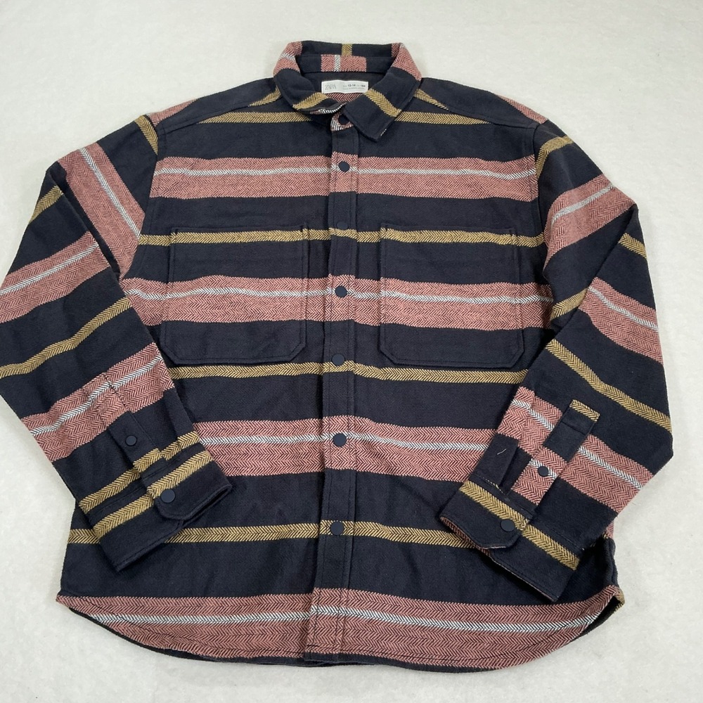Zara Boys Striped Shirt Jacket Navy Mauve Herringbone Size 13-14 164cm